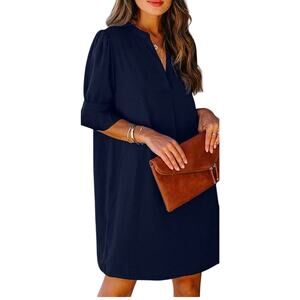 NWT Qacohu Womens Navy Blue Short Puff Sleeve A-Line Summer Dress Size L